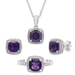 Amethyst & Diamond Accent Cushion-Cut Halo Boxed Set In Sterling Silver