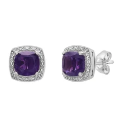 Amethyst & Diamond Accent Cushion-Cut Halo Boxed Set In Sterling Silver