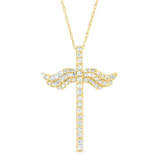 Angel Wing Diamond Cross Pendant In 14K Yellow Gold (1/3 Ct. Tw.)
