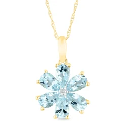 Aquamarine And Diamond Accent Flower Pendant In 10K Yellow Gold