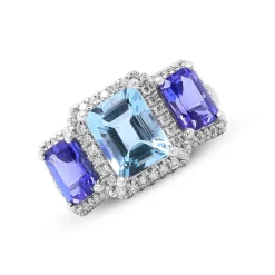 Aquamarine And Tanzanite Ring With Diamonds In 14K White Gold (1/3 Ct. Tw.)