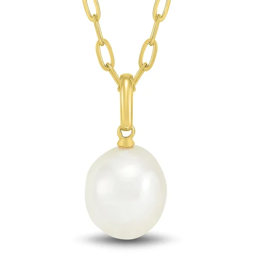 Baroque Shaped Pearl Paperclip Chain Pendant In 10K Yellow Gold