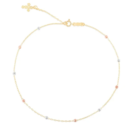 Beaded Anklet With Cross Charm In 14K Yellow Gold