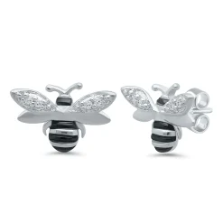 Bee Stud Earrings With Diamond Accents In Sterling Silver