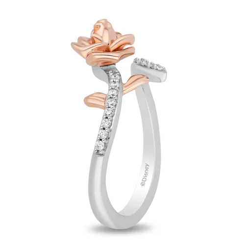 Belle Diamond Rose Bypass Ring In Sterling Silver And 10K Rose Gold (1/6 Ct. Tw.)