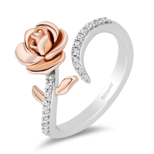 Belle Diamond Rose Bypass Ring In Sterling Silver And 10K Rose Gold (1/6 Ct. Tw.)