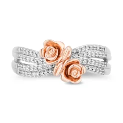 Belle Enchanted Rose Multi-Row Diamond Bypass Ring In Sterling Silver & 10K Rose Gold (1/5 Ct. Tw.)
