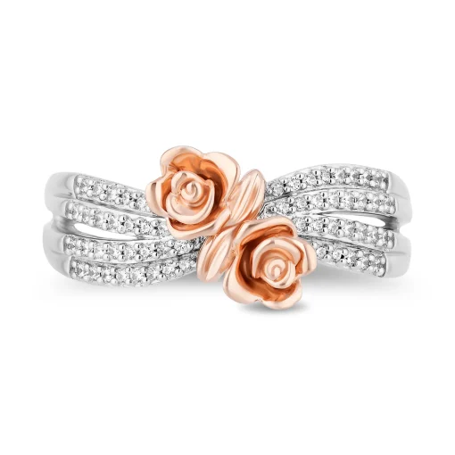 Belle Enchanted Rose Multi-Row Diamond Bypass Ring In Sterling Silver & 10K Rose Gold (1/5 Ct. Tw.)