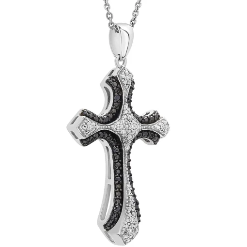 Black & White Diamond Cross Pendant In Sterling Silver (1/10 Ct. Tw.)