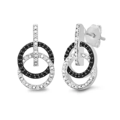 Black & White Diamond Double Circle Drop Earrings In Sterling Silver (1/10 Ct. Tw.)
