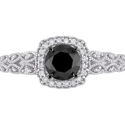 Black & White Diamond Ring With Cushion-Shaped Halo In 10K White Gold (1 1/7 Ct. Tw.)