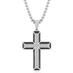Black And White Diamond Cross In Stainless Steel (1/2 Ct. Tw.)