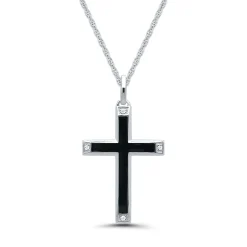 Black Cross Pendant With Diamond Accents In Black Enamel & Sterling Silver