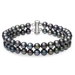 Black Freshwater Pearl Double Row Bracelet In Sterling Silver