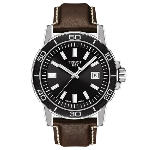 Black Supersport Gent Men's Watch With Brown Leather Bracelet In Stainless Steel