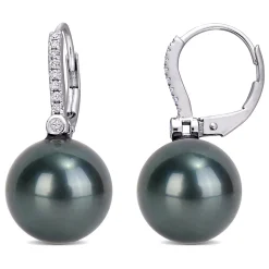 Black Tahitian Pearl & 1/8 Ct. Tw. Diamond Earrings In 10K White Gold