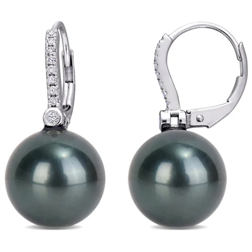 Black Tahitian Pearl & 1/8 Ct. Tw. Diamond Earrings In 10K White Gold