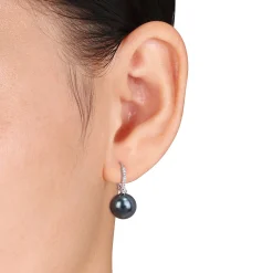 Black Tahitian Pearl & 1/8 Ct. Tw. Diamond Earrings In 10K White Gold