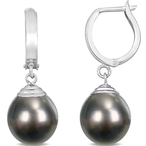 Black Tahitian Pearl Drop Earrings In 14K White Gold