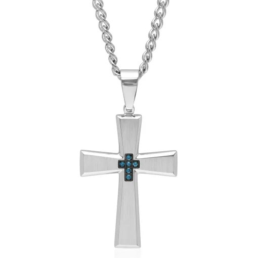 Blue Diamond Accent Cross Pendant In Stainless Steel