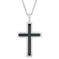 Blue Diamond Cross Pendant In Stainless Steel (1/5 Ct. Tw.)