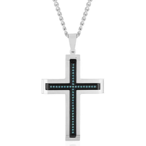 Blue Diamond Cross Pendant In Stainless Steel (1/5 Ct. Tw.)