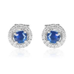 Blue Sapphire & Diamond Stud Earring In 10K White Gold (1/8 Ct. Tw.)