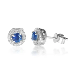 Blue Sapphire & Diamond Stud Earring In 10K White Gold (1/8 Ct. Tw.)