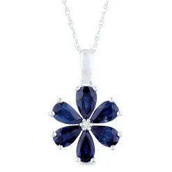 Blue Sapphire And Diamond Accent Flower Pendant In 10K White Gold