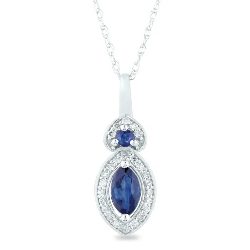 Blue Sapphire And Diamond Accent Marquise Halo Pendant In 10K White Gold