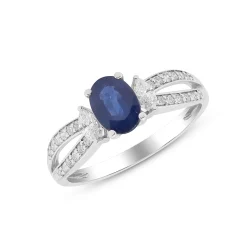 Blue Sapphire And Diamond Oval-Shaped Ring In 14K White Gold (1/3 Ct. Tw.)