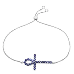 Blue Sapphire Ankh Cross Bolo Bracelet In 14K White Gold