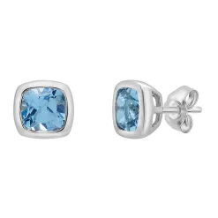 Blue Topaz Stud Earrings With Cushion Cut In 10K White Gold