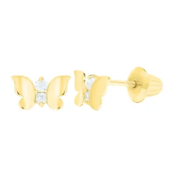 Children's Butterfly Stud Earrings With Cubic Zirconia In 14K Yellow Gold