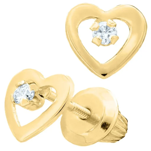 Children's Diamond Heart Earrings In 14K Yellow Gold