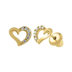 Children's Heart Stud Earrings With Cubic Zirconia In 14K Yellow Gold