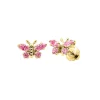 Children's Lab Created Pink Crystal Butterfly Stud Earrings In 14K Yellow Gold