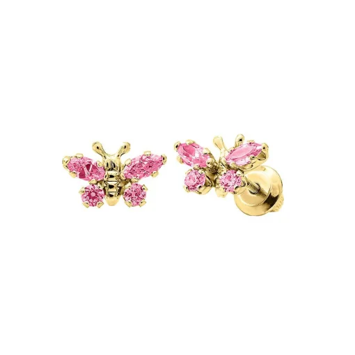 Children's Lab Created Pink Crystal Butterfly Stud Earrings In 14K Yellow Gold