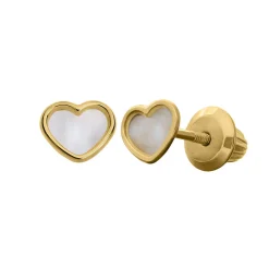 Children's Mother Of Pearl Heart Earrings In 14K Yellow Gold