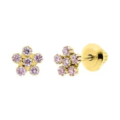 Children's Pink Cubic Zirconia Flower Stud Earrings In 14K Yellow Gold