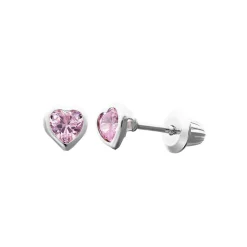 Children's Pink Cubic Zirconia Heart Earrings In Sterling Silver