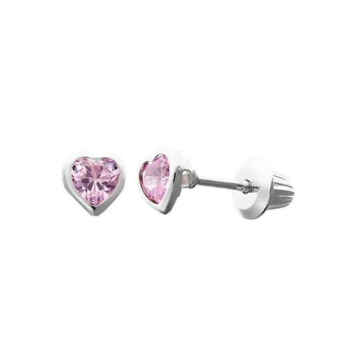 Children's Pink Cubic Zirconia Heart Earrings In Sterling Silver