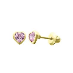 Children's Pink Cubic Zirconia Heart Stud Earrings In 14K Yellow Gold
