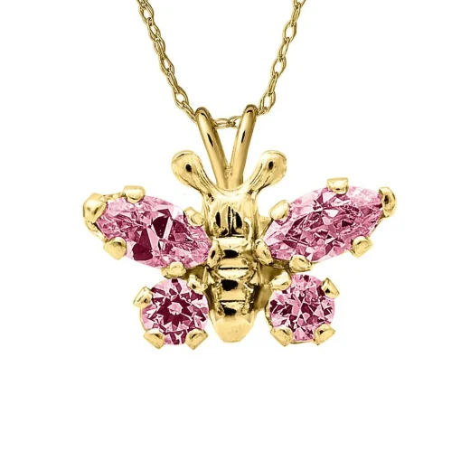 Children's Pink Cubic Zirconia Butterfly Pendant In 14K Yellow Gold