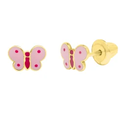 Children's Pink Enamel Butterfly Stud Earrings In 14K Yellow Gold
