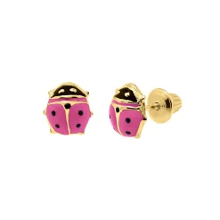Children's Pink Ladybug Earrings In 14K Yellow Gold