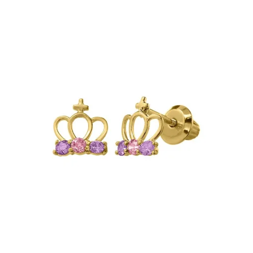 Children's Princess Tiara Earrings With Pink & Purple Cubic Zirconia In 14K Yellow Gold