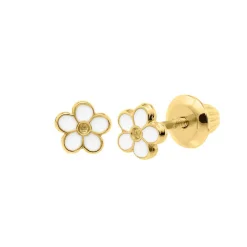 Children's White & Yellow Flower Stud Earrings In 14K Yellow Gold
