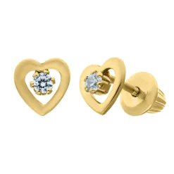 Children's White Cubic Zirconia Heart Earrings In 14K Yellow Gold