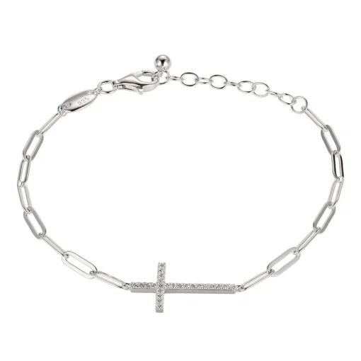 Cross Bracelet With Paperclip Chain In Sterling Silver
